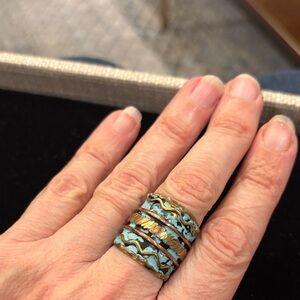 Bronze/copper and turquoise blue adjustable ring.